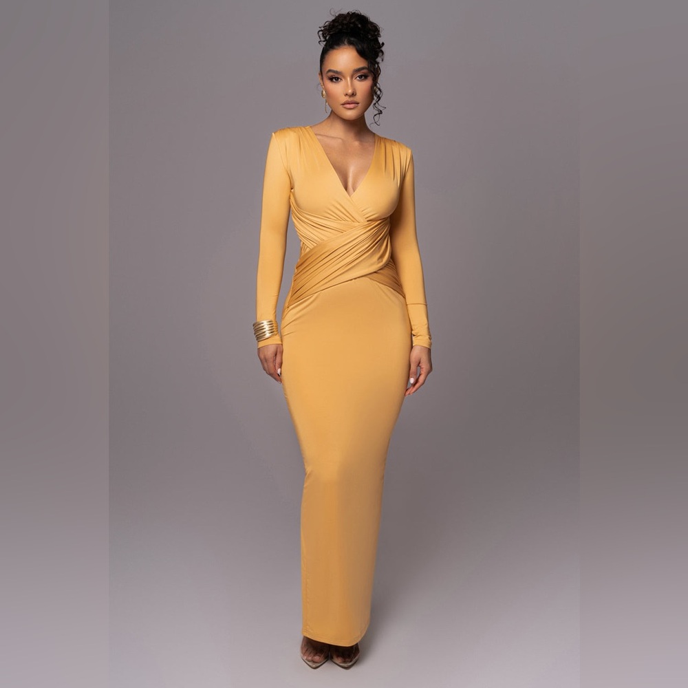 JLUXLABEL Yellow Rowan Plunge Maxi Dress - size L large - evening dress